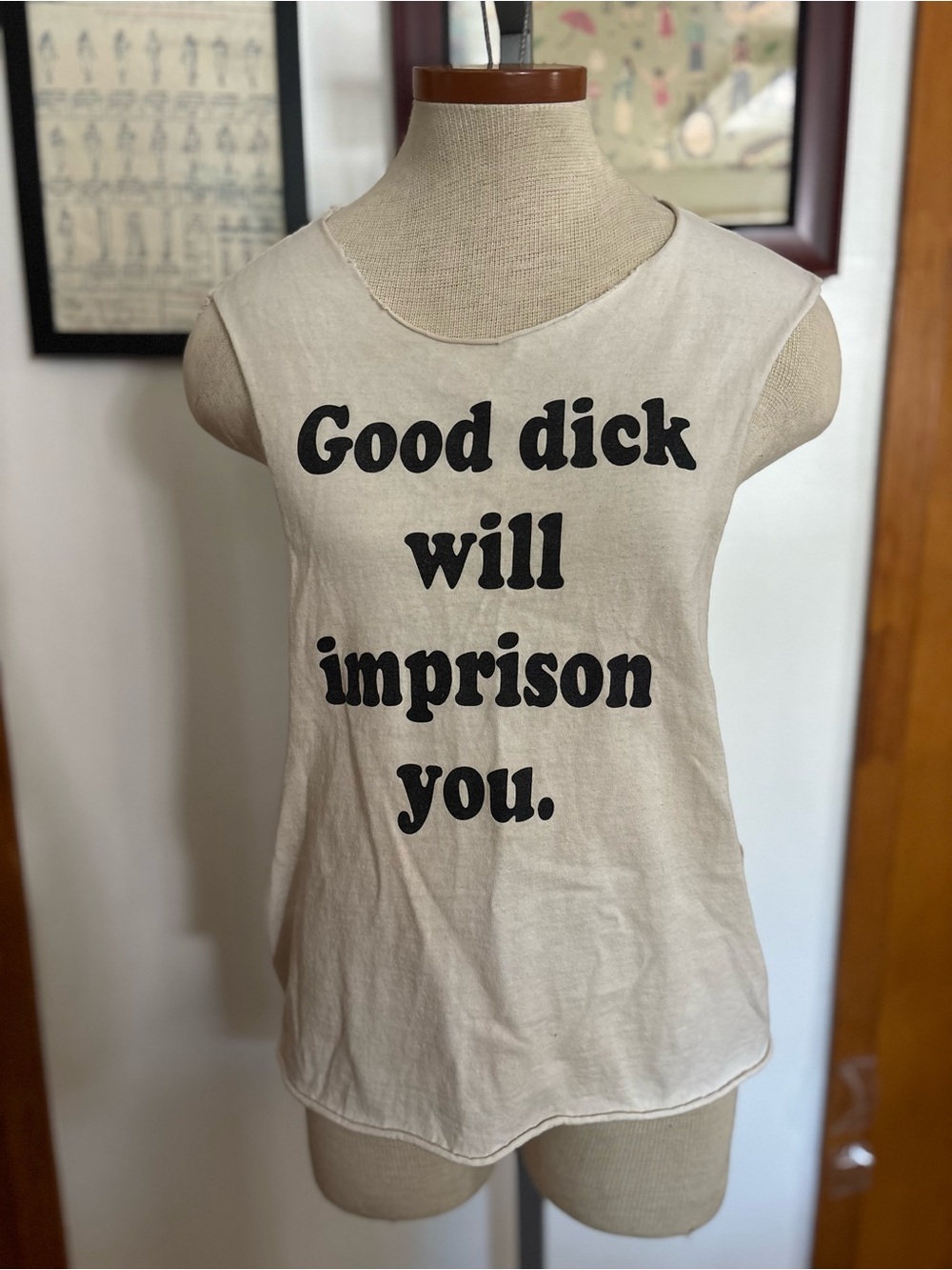 SCARY MOMMY: 100% COTTON “Good 🍆 Will Imprison You” Muscle Tee SZ.S (BEIGE)